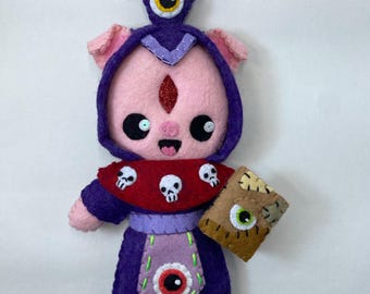 Necromancer Pig Felt Art Doll, Roleplaying Game Art