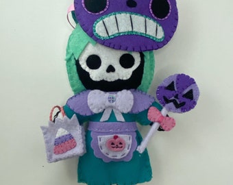 Pastel Halloween Skeleton witch felt art doll