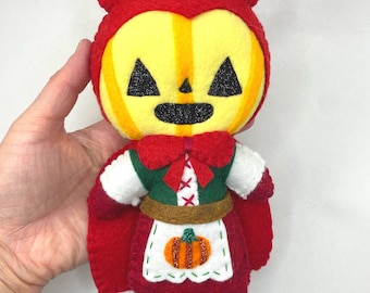 Halloween Felt Pumpkin Art Doll: Little Red Devil Plush