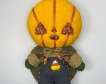 Halloween Pumpkin Felt Art Doll: Jackolantern Plush, Cottagecore Decor