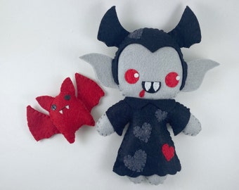 Vampire and bat felt art doll set, Creepy cute, kawaii plush