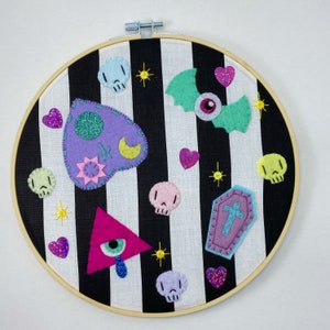 Pastel goth flash art felt wall decor,  creepy cute felt wall hanging,  9” hoop art