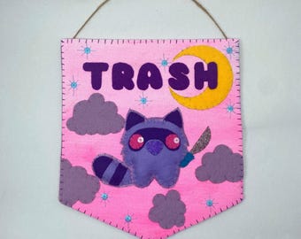Funny Raccoon Felt Wall Hanging: Kitsch Maximalist Art (9x8)