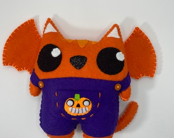 Halloween Felt Cat Art Doll - Orange Pumpkin Plush - Halloween Decor Gift