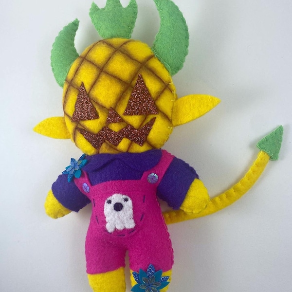 Pineapple demon felt art doll, folk art, summerween art, pineapple plush, creepy cute, summer halloween,rockabilly gift