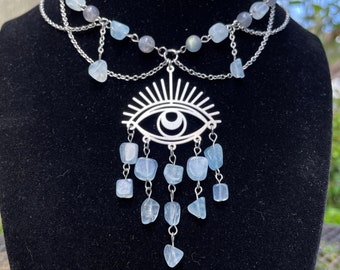 Mourning Muse Necklace | Aquamarine and Labradorite Crying Eye Necklace | Layered Crystal Statement Necklace | Gemstone Eye Choker