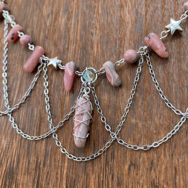 The Starflower Sprite Choker | Rhodochrosite & Rhodonite Layered Crystal Choker | Whimsical Fairy Core Beaded Choker | Pink Crystal Choker