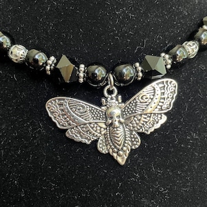 Shadow Dweller Choker | Onyx, Obsidian & Moss Agate Beaded Moth Choker | Death&#39;s Head Moth Celestial Skull Choker | Dark Beaded Moth Choker