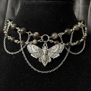 Noctuid Choker | Silver Sheen Obsidian Moth Choker | Death&#39;s Head Moth Choker | Moth Crystal Choker | Dark Fairy Grunge Layered Moth Choker