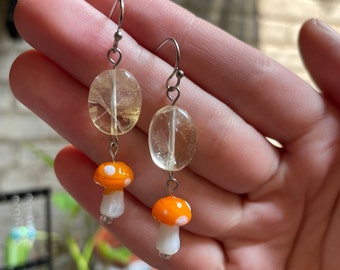 Citrine Mushroom Dangle Earrings | Orange Mushroom Earrings w/ Citrine | Colorful Bright Mushroom Earrings | Cottage Core Fairy Core Earring