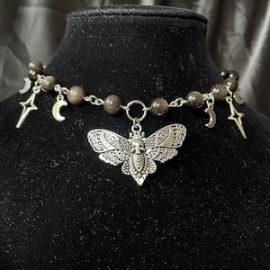 Lunar Eclipse Moth Choker | Silver Sheen Obsidian Moth Choker | Celestial Moth Choker | Death&#39;s Head Moth Choker | Dark Fairy Grunge Choker