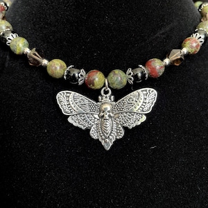 Metamorphosis Choker | Bloodstone Jasper & Smoky Quartz Moth Choker | Gothic Witchy Fairy Grunge Moth Choker | Dark Gemstone Moth Choker