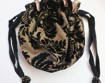 Handmade Black Flocked Gold Taffeta Reticule, Drawstring bag  - costume, Victorian, steam punk, Edwardian, Boho
