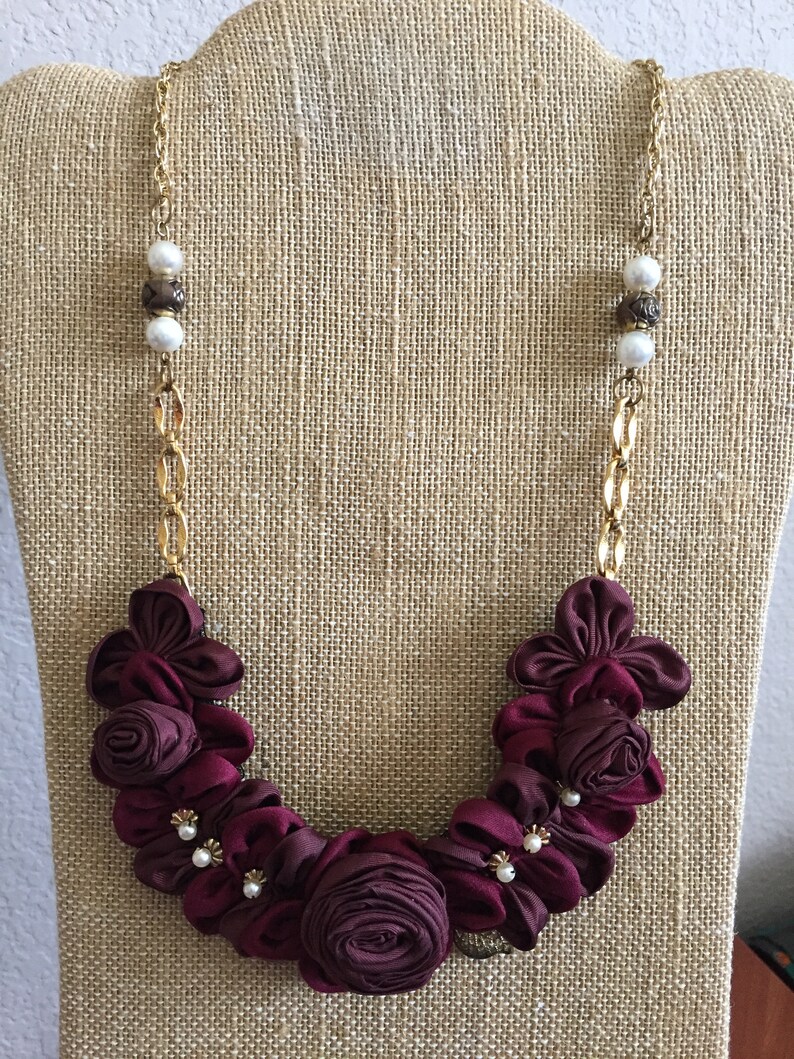 Necklace Burgundy Ribbon Rose Bib Floral Pearl Gold Trim