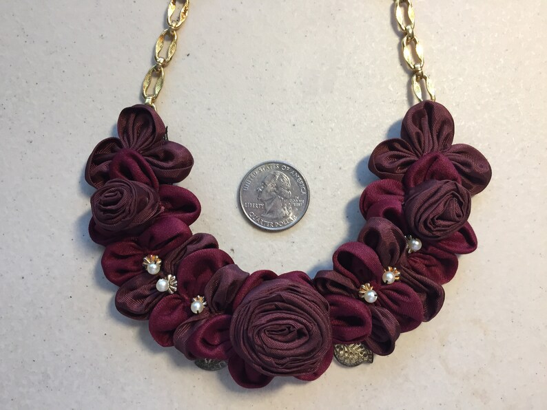 Necklace Burgundy Ribbon Rose Bib Floral Pearl Gold Trim