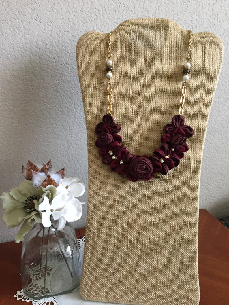 Necklace Burgundy Ribbon Rose Bib Floral Pearl Gold Trim