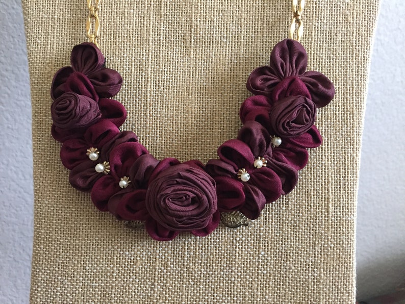 Necklace Burgundy Ribbon Rose Bib Floral Pearl Gold Trim