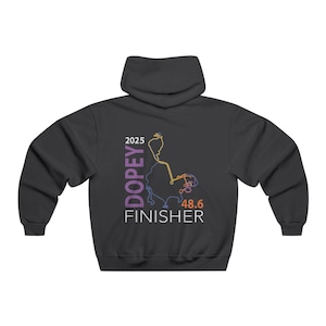 May include: Black hooded sweatshirt with a white graphic design featuring a purple and orange line drawing of a race course, the text "2025 Dopey", and the text "48.6 Finisher".