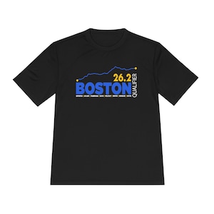 May include: Black athletic t-shirt with the word "BOSTON" in blue, a blue line graphic, and the text "26.2 QUALIFIER" in yellow. The shirt also features the names of the towns along the Boston Marathon route.