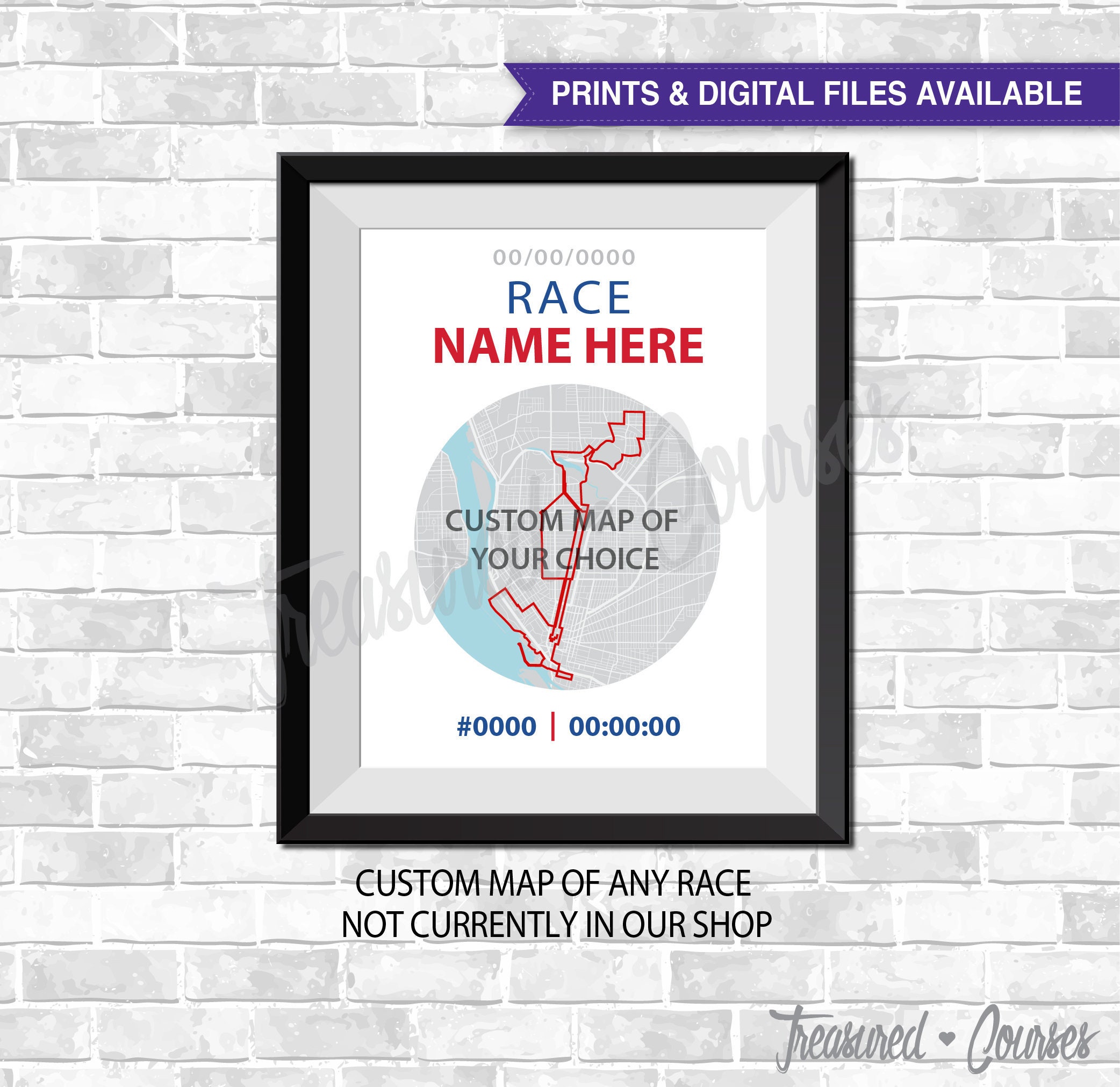 Custom Race Map, Digital File & Print options available, Custom Map, Running Map, Marathon Map, Course Route, Race Results