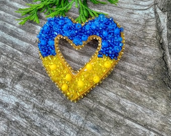 Beaded heart brooch Ukrainian blue yellow brooch Embroidered brooch