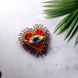 Red velvet heart brooch Evil blue eye brooch Embroidered brooch image 6