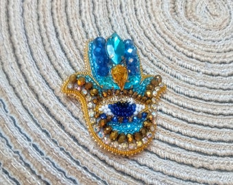 Hamsa beaded brooch Evil blue eye brooch Embroidered brooch Hand of Fatima brooch