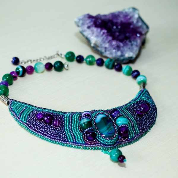 Green purple beaded necklace agate bib necklace Embroidered necklace "Dreams"Bohemian jewelry Gift for her