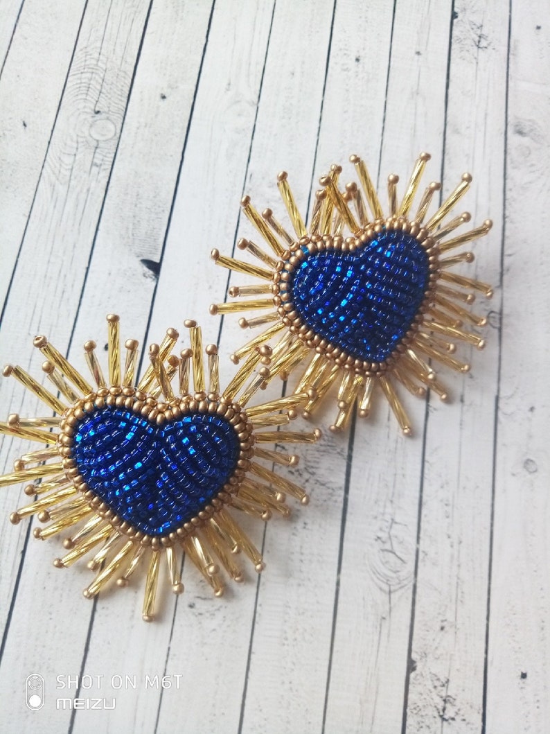 Radiant Beaded Heart Earrings Blue Shiny Hearts Earrings Etsy