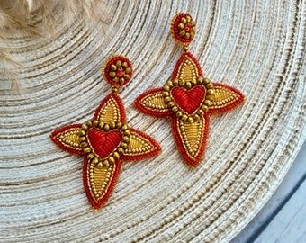 Cross heart earrings Red gold beaded earrings Embroidered earrings