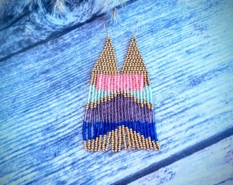 Beaded fringe earrings Gold blue pink purple mint earrings Bohemian earrings