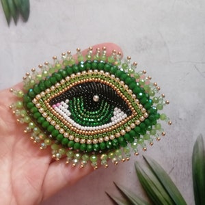 Green evil eye brooch Gig beaded eye brooch Embroidered brooch