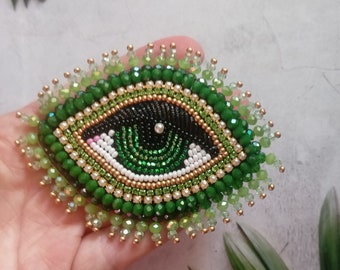 Green evil eye brooch Gig beaded eye brooch Embroidered brooch