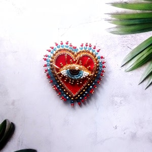 Red velvet heart brooch Evil blue eye brooch Embroidered brooch image 7