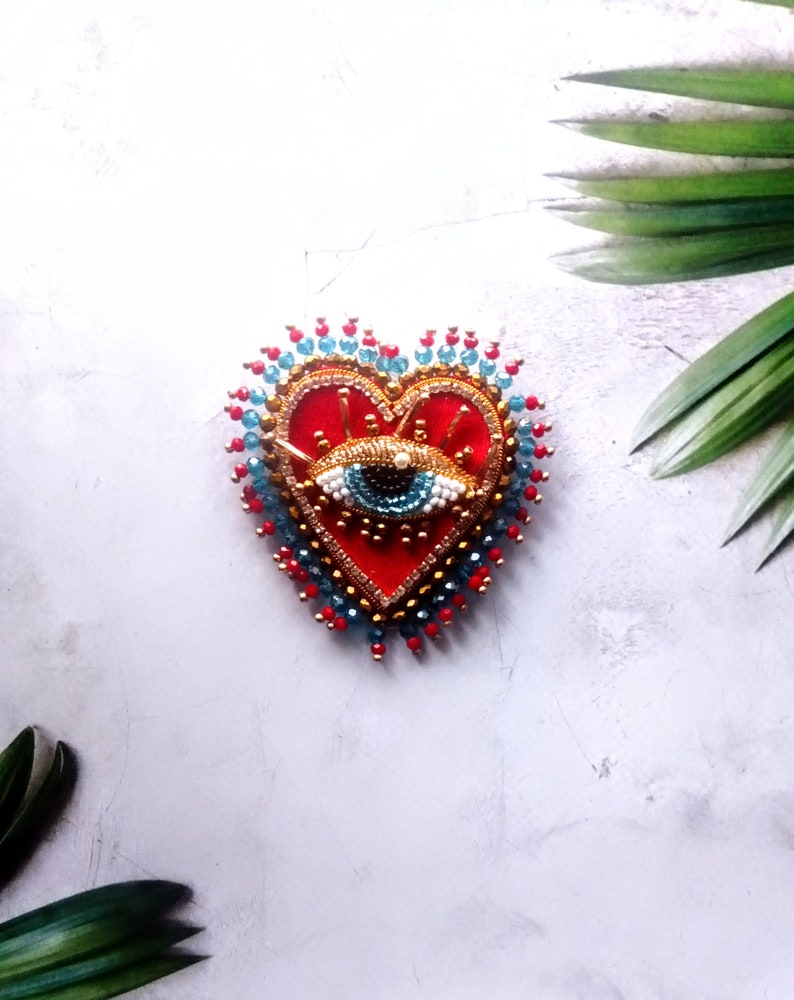 Red velvet heart brooch Evil blue eye brooch Embroidered brooch image 7