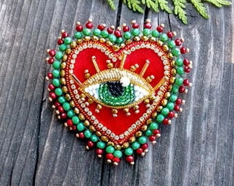 Heart green evil eye brooch Red velvet heart brooch  Embroidered  brooch