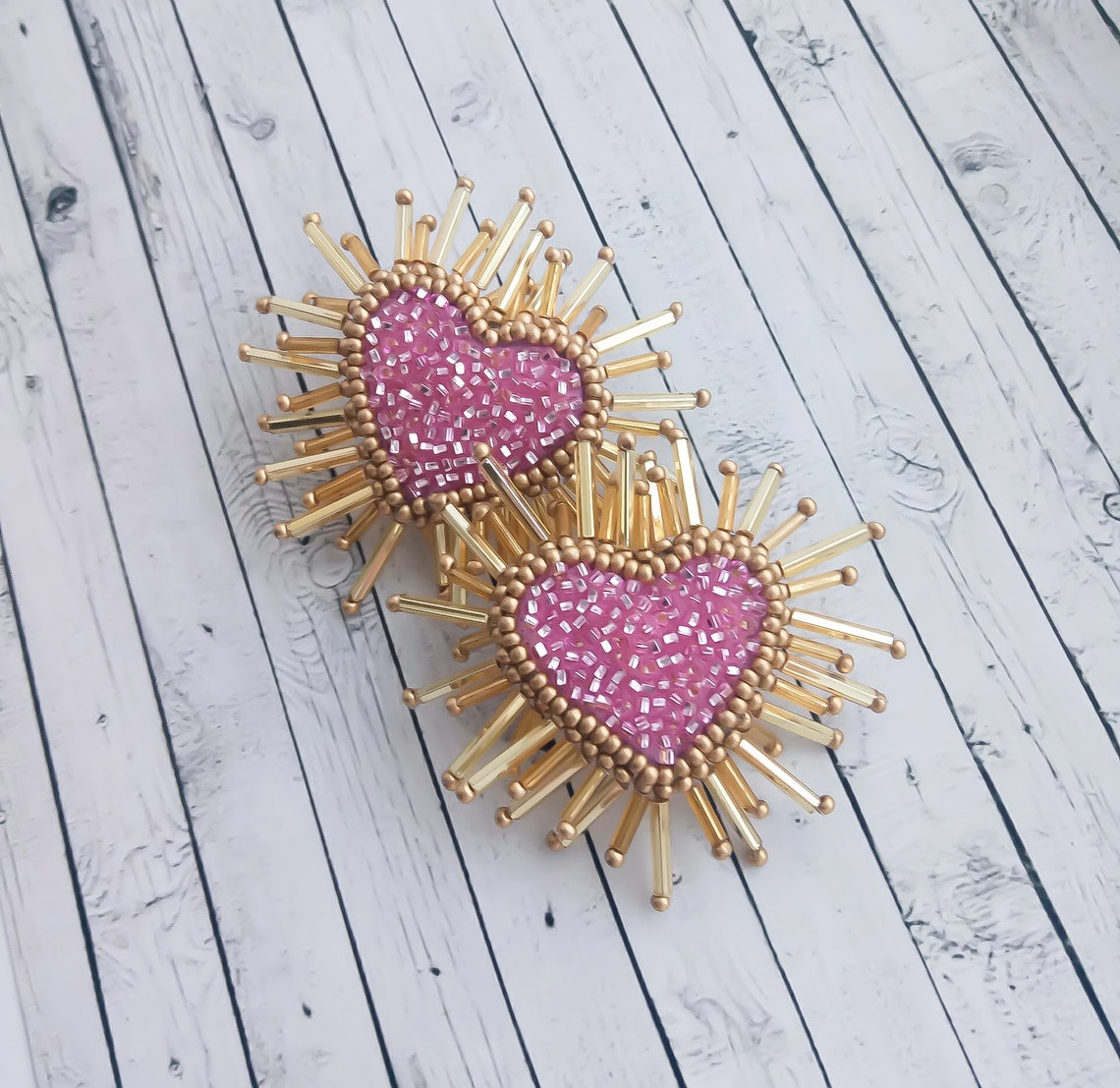 Sparkle heart earrings Pink bead earrings Shiny stud heart Etsy