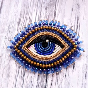 Blue gold evil eye brooch Big beaded eye brooch Embroidered brooch image 1