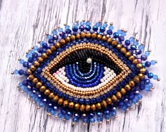 Blue gold evil eye brooch  Big  beaded  eye brooch  Embroidered brooch