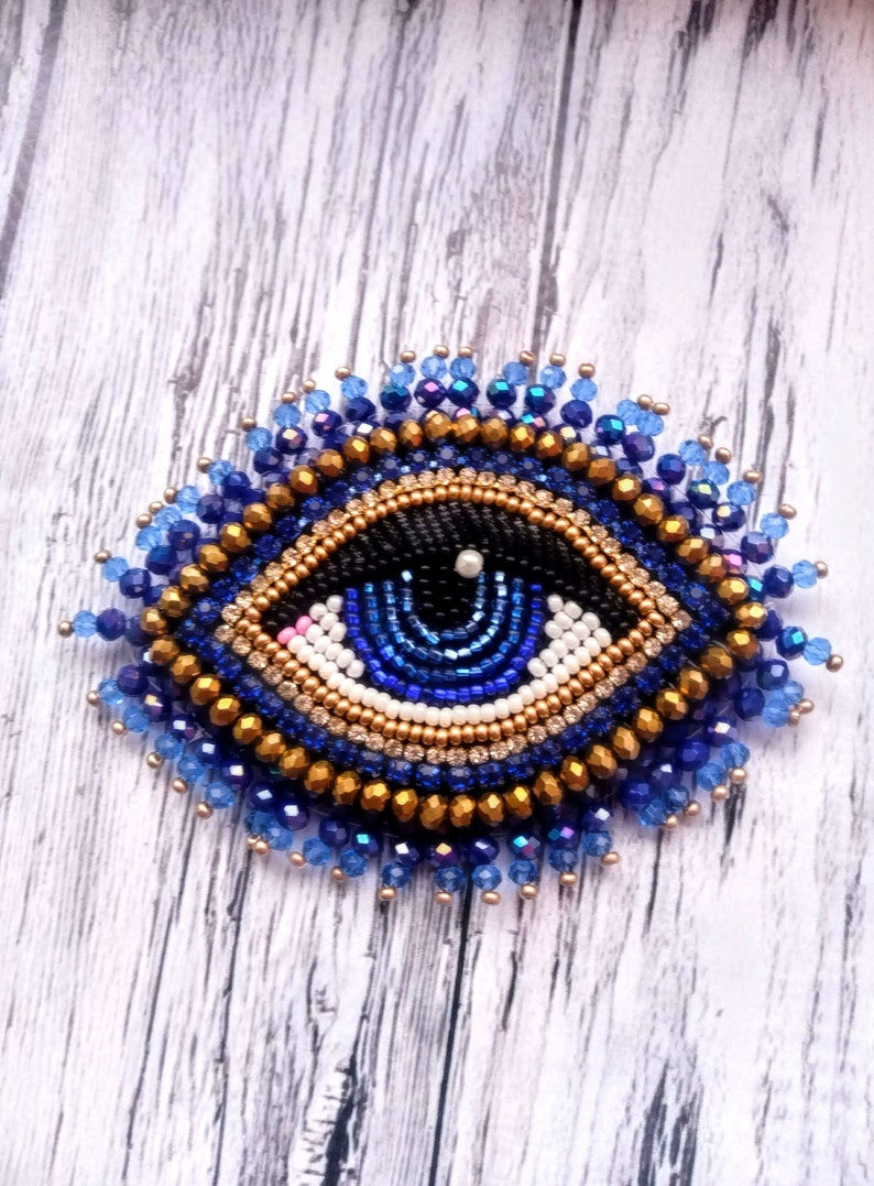 Blue gold evil eye brooch Big beaded eye brooch Embroidered brooch image 1