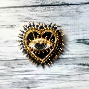 Black velvet heart brooch Evil eye brooch Embroidered brooch image 5