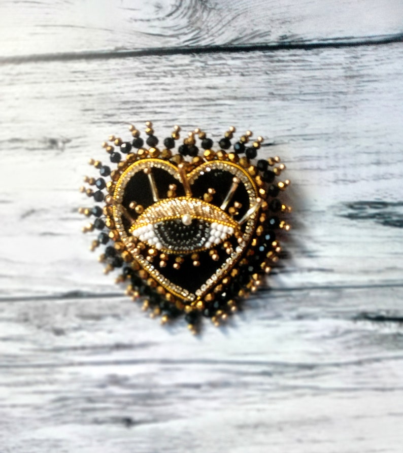 Black velvet heart brooch Evil eye brooch Embroidered brooch image 5