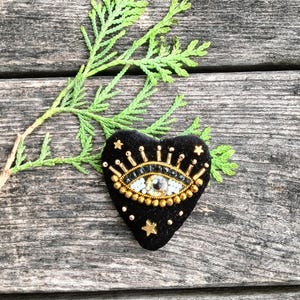 Black velvet heart Evil Eye brooch Embroidered brooch