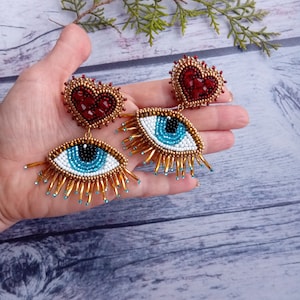 Evil eye Ohrringe & Herz Dunkelrot Blau Gold Perlen Ohrringe Bestickte Ohrringe Kristalle Ohrringe