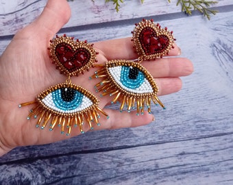 Evil eye earrings & heart Dark red blue gold beaded earrings Embroidered earrings Crystals earrings