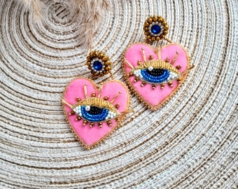 Evil eye heart earrings Big pink heart earrings Trendy earrings