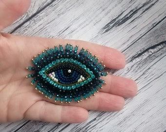 Evil eye brooch Blue beaded eye Embroidered brooch Small crystal eye Eye pin