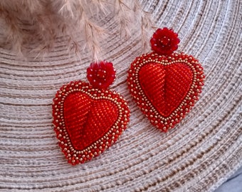 Big red heart earrings Red gold beaded heart earrings Embroidered earrings