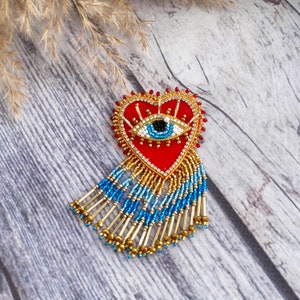 Red velvet heart blue evil eye brooch Heart beaded fringe brooch Embroidered brooch