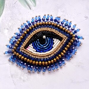 Blue gold evil eye brooch Big beaded eye brooch Embroidered brooch image 4